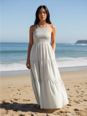 En Saison Boho Elegant Cotton blue Tiered Smocked Maxi Dress Womens Medium